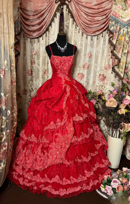 Vintage Ball Gown Spaghetti Strap Red Beaded Long Quinceanera Dress Sweet 15 Gown 16 Birthday Dresses AU212