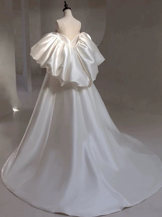 Dream Ball Gown Strapless White Satin Long Wedding Dress Fairytale Autumn Wedding Dresses AU213