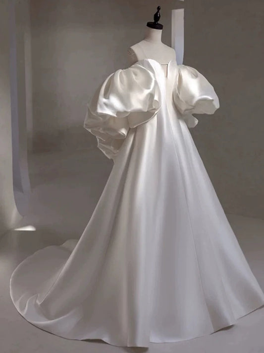 Dream Ball Gown Strapless White Satin Long Wedding Dress Fairytale Autumn Wedding Dresses AU213