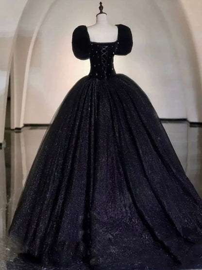 Elegant Ball Gown Sweetheart Short Sleeves Black Prom Dress Inspiration Ideas Prom Inspo Dresses Party Dress AU215
