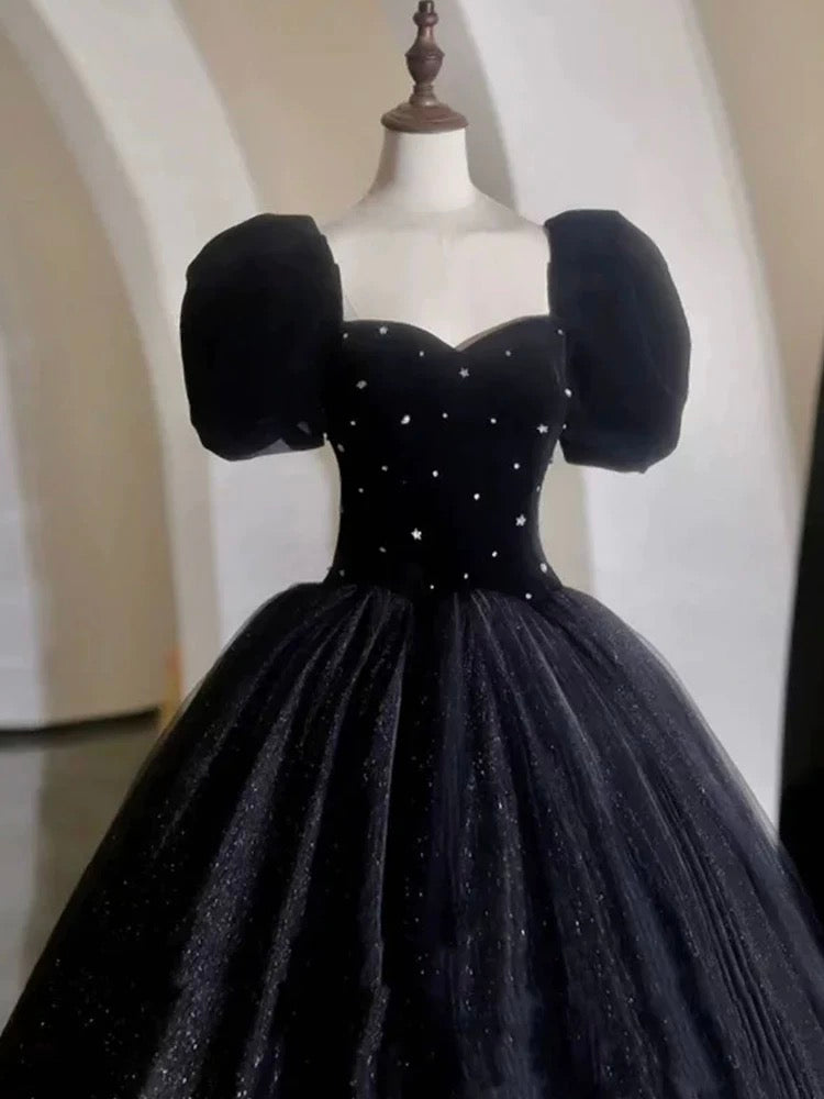 Elegant Ball Gown Sweetheart Short Sleeves Black Prom Dress Inspiration Ideas Prom Inspo Dresses Party Dress AU215