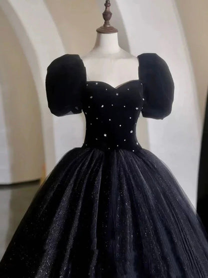 Elegant Ball Gown Sweetheart Short Sleeves Black Prom Dress Inspiration Ideas Prom Inspo Dresses Party Dress AU215