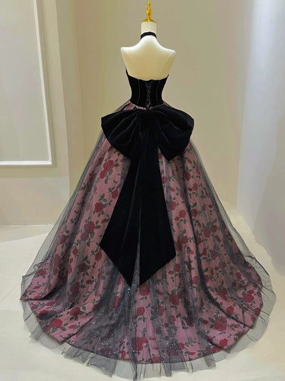 Sexy Ball Gown Sweetheart Black Velvet Pink Floral Prom Dress Inspiration Long Party Formal Prom Dresses AU216