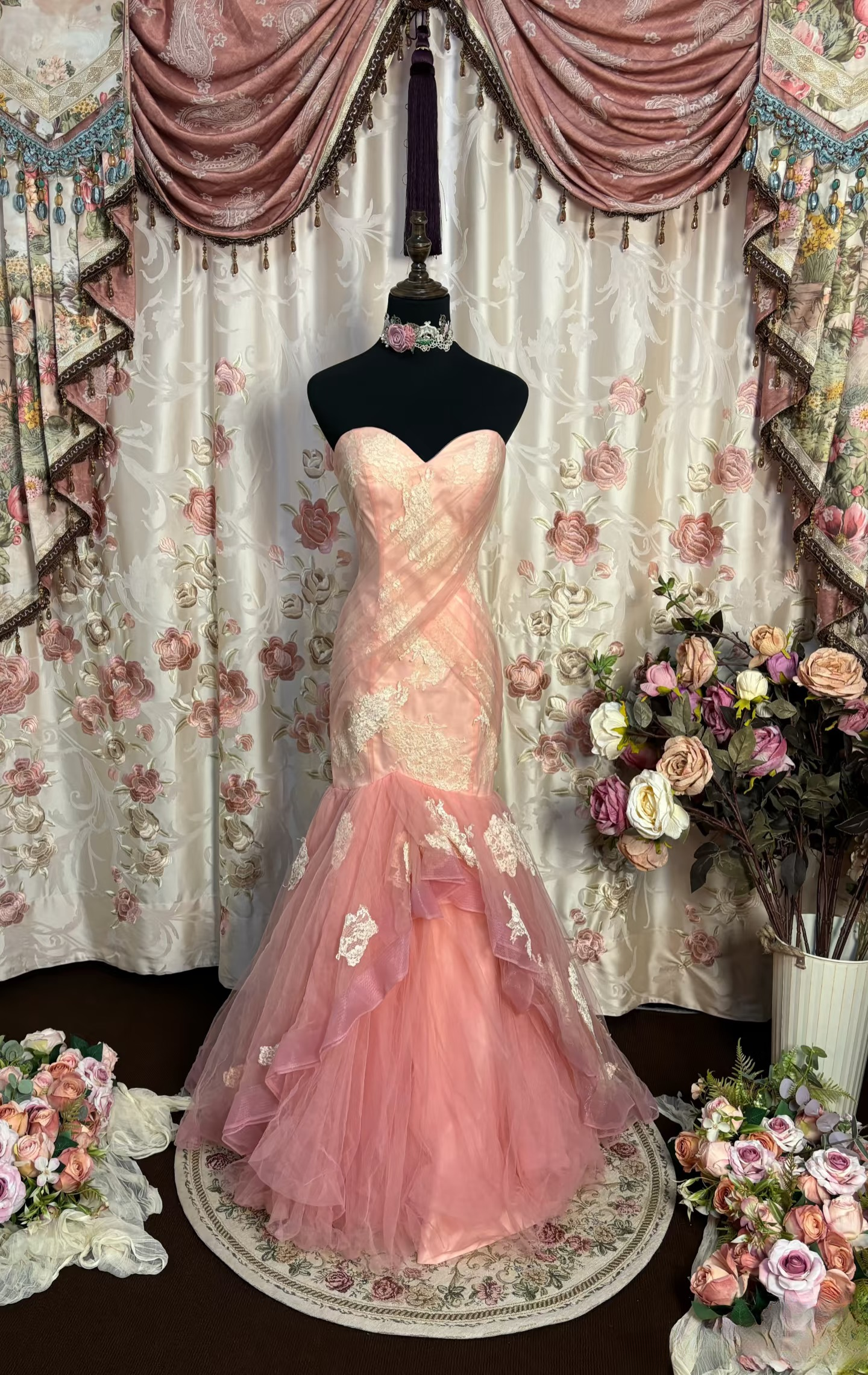 Retro Mermaid Sweetheart Pink Tulle With Lace Long Prom Dresses 80s 70s Prom Gowns AU218