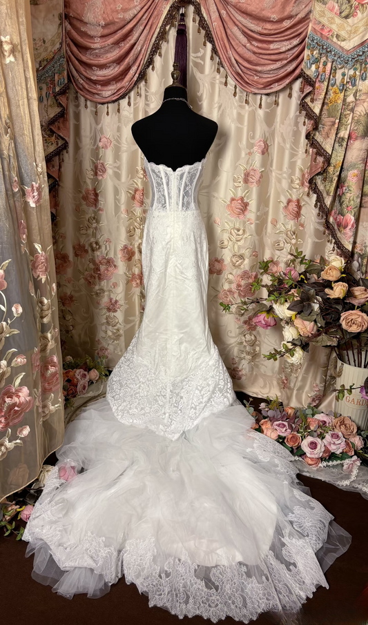 Retro Mermaid Sweetheart Lace 70s White Fitted Corset Long Wedding Dress Bride Gowns Brides Dresses AU221