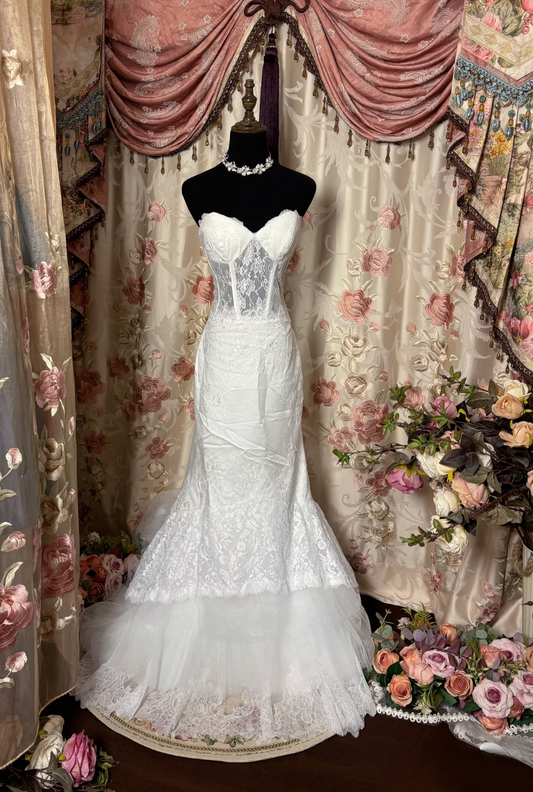 Retro Mermaid Sweetheart Lace 70s White Fitted Corset Long Wedding Dress Bride Gowns Brides Dresses AU221