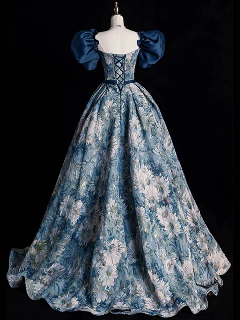 Charming Ball Gown Square Neck Blue Satin Prom Dresses Inspiration Prom Dress Princess Graduation Dress AU224