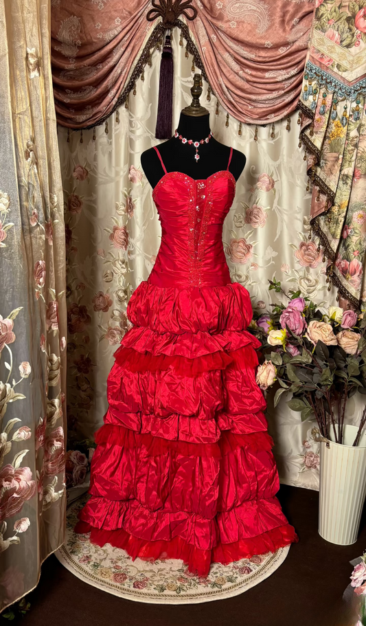 Retro Prom Dresses Ball Gown Spaghetti Strap Red Vintage Fashion Taffeta Long Prom Dresses Party Gowns AU224