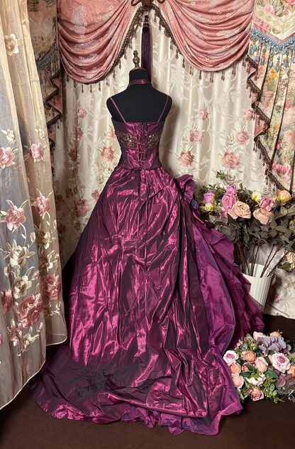 Vintage Ball Gown Spaghetti Strap Grape Taffeta Long Quinceanera Dress Sweet 15 Gown 16 Birthday Dresses AU226