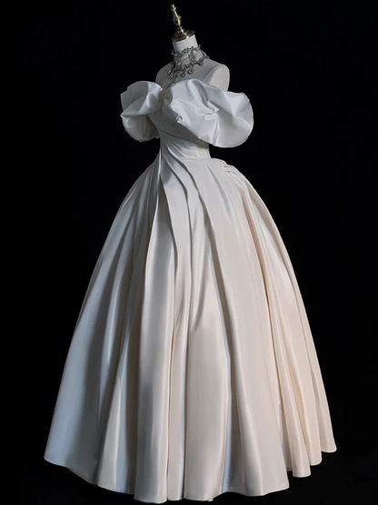 Modest Ball Gown Off The Shoulder Satin Wedding Dress With Sleeves Fairytale Autumn Wedding Dresses AU228