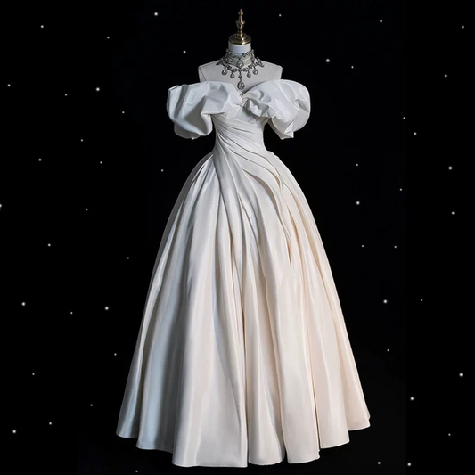 Modest Ball Gown Off The Shoulder Satin Wedding Dress With Sleeves Fairytale Autumn Wedding Dresses AU228