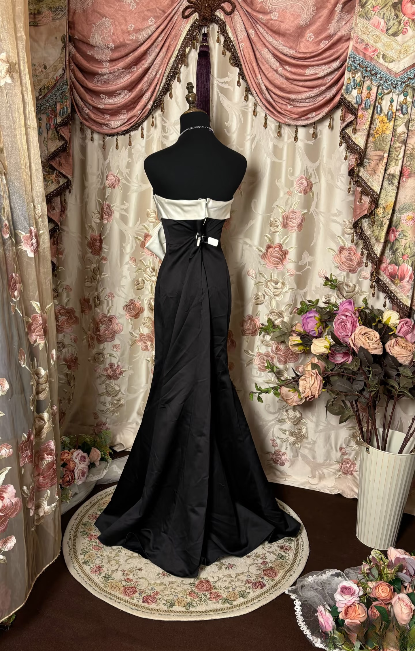 Retro Mermaid Strapless Black Satin Long Prom Dresses 80s 70s Prom Gowns AU228