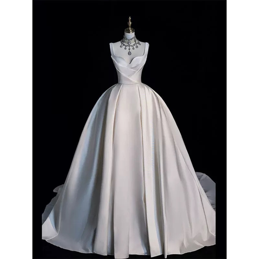 Modest Ball Gown Straps Satin White Wedding Dress Long Fairytale Autumn Wedding Dresses U229