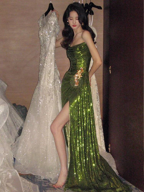Modest Mermaid Strapless Sequin Green Long Prom Dresses Party Dress 20th Birthday Outfits Graduation Dress AU230