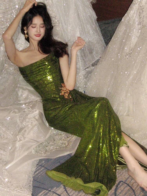 Modest Mermaid Strapless Sequin Green Long Prom Dresses Party Dress 20th Birthday Outfits Graduation Dress AU230