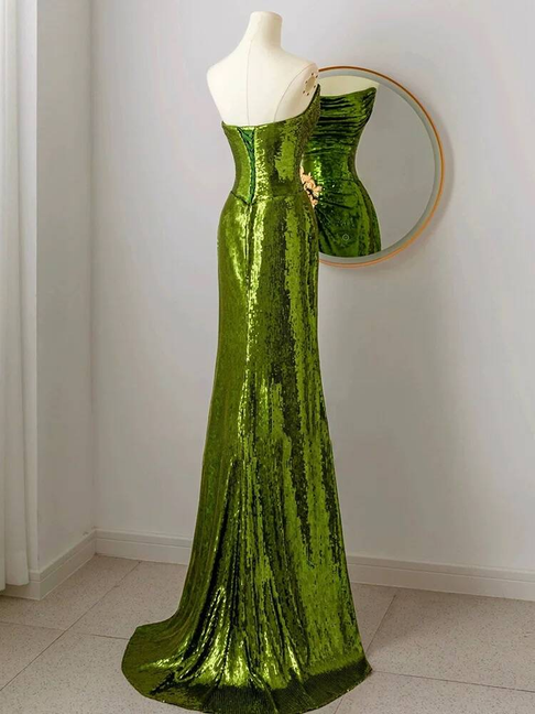 Modest Mermaid Strapless Sequin Green Long Prom Dresses Party Dress 20th Birthday Outfits Graduation Dress AU230