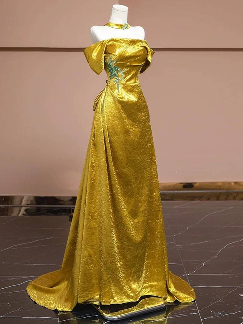 Charming Mermaid Off The Shoulder Gold Satin Prom Dresses Inspiration Prom Dress Princess Graduation Dress AU231