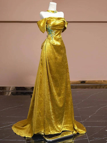 Charming Mermaid Off The Shoulder Gold Satin Prom Dresses Inspiration Prom Dress Princess Graduation Dress AU231