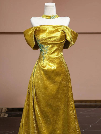Charming Mermaid Off The Shoulder Gold Satin Prom Dresses Inspiration Prom Dress Princess Graduation Dress AU231