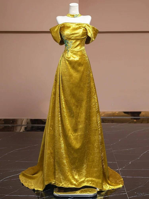 Charming Mermaid Off The Shoulder Gold Satin Prom Dresses Inspiration Prom Dress Princess Graduation Dress AU231