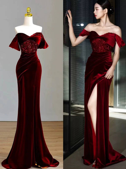 Charming Mermaid Off The Shoulder Burgundy Velvet Prom Dresses Inspiration Prom Dress Princess Graduation Dress AU232