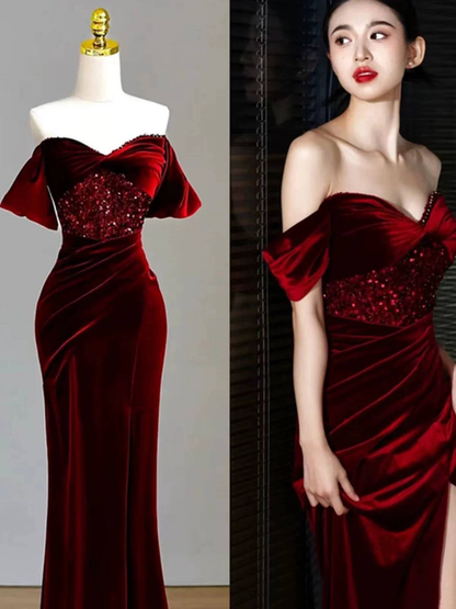 Charming Mermaid Off The Shoulder Burgundy Velvet Prom Dresses Inspiration Prom Dress Princess Graduation Dress AU232