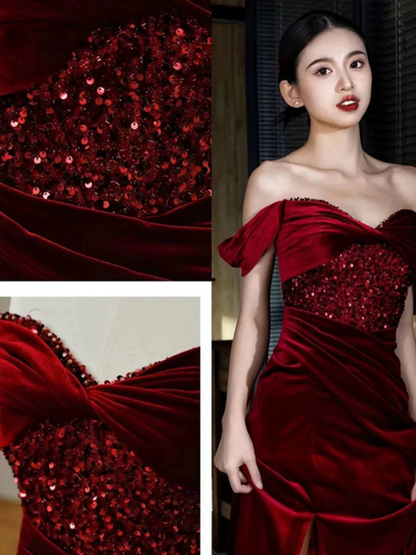 Charming Mermaid Off The Shoulder Burgundy Velvet Prom Dresses Inspiration Prom Dress Princess Graduation Dress AU232