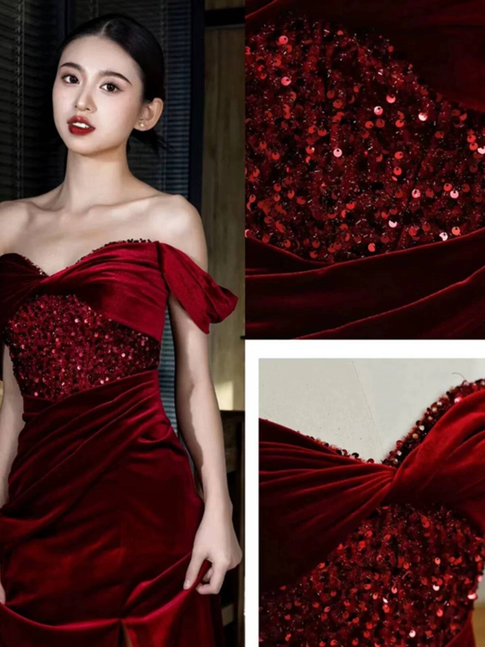 Charming Mermaid Off The Shoulder Burgundy Velvet Prom Dresses Inspiration Prom Dress Princess Graduation Dress AU232