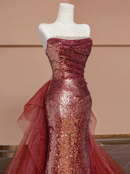 Modest Mermaid Strapless Sequin Pink Long Prom Dresses Party Dress 20th Birthday Outfits Graduation Dress AU233