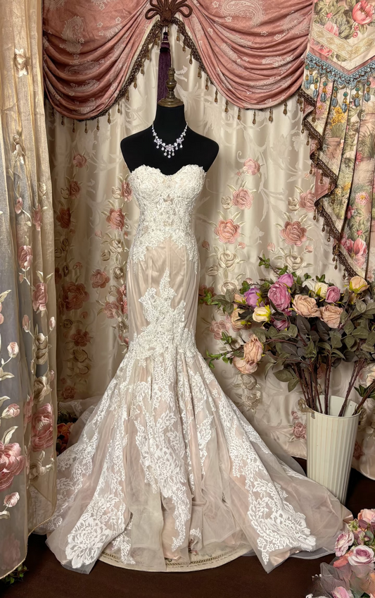 Retro Mermaid Sweetheart Champagne 1960s White Fitted Corset Bride Gown Long Lace Wedding Dresses AU233