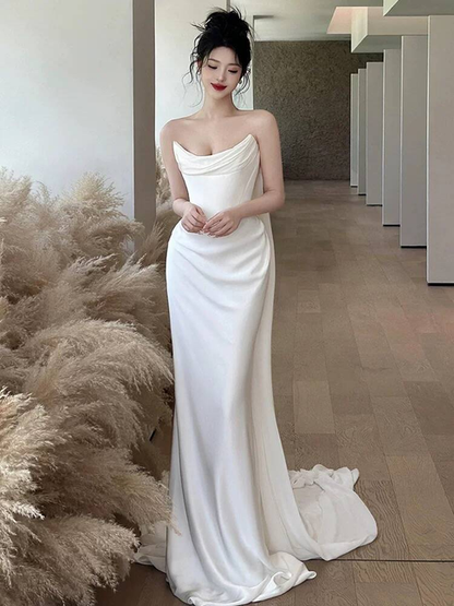 Modest Mermaid Strapless Satin White Wedding Dress Long Fairytale Autumn Wedding Dresses AU234