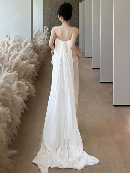 Modest Mermaid Strapless Satin White Wedding Dress Long Fairytale Autumn Wedding Dresses AU234