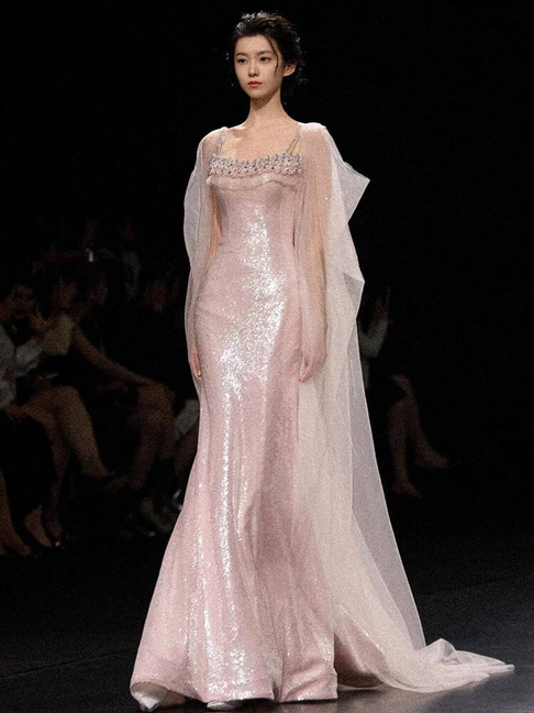 Modest Mermaid Spaghetti Straps Sequin Blush Pink Long Prom Dresses Party Dress 20th Birthday Outfits Graduation Dress AU237