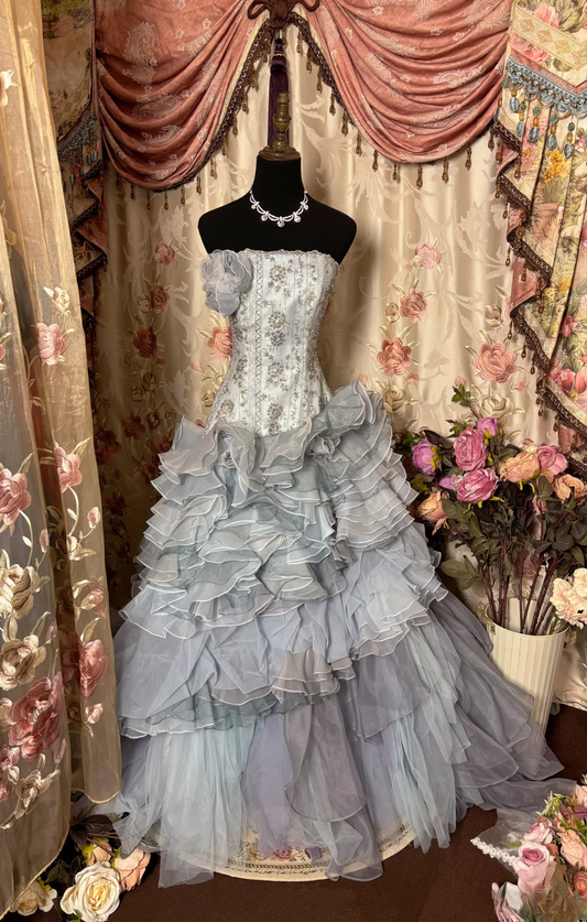 Retro Mermaid Strapless Silver Gray Lace Long Prom Dresses 80s 70s Party Prom Gowns AU237
