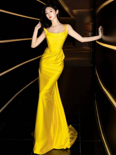 Modest Mermaid Square Neck Satin Yellow Long Prom Dresses Party Dress 21st Birthday Outfits Graduation Dress AU238