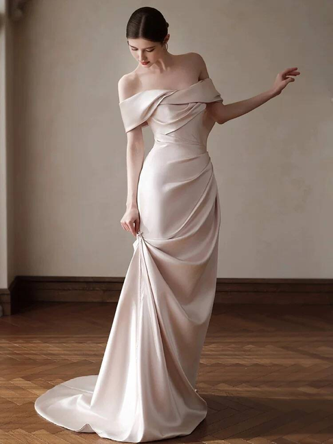 Modest Mermaid Off The Shoulder Light Pink Satin Wedding Dress Long Fairytale Autumn Wedding Dresses AU239
