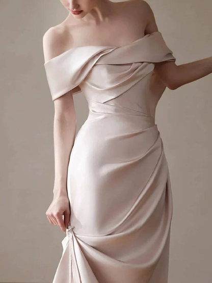 Modest Mermaid Off The Shoulder Light Pink Satin Wedding Dress Long Fairytale Autumn Wedding Dresses AU239
