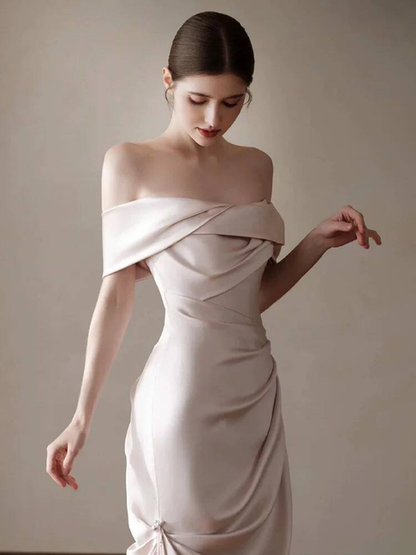Modest Mermaid Off The Shoulder Light Pink Satin Wedding Dress Long Fairytale Autumn Wedding Dresses AU239