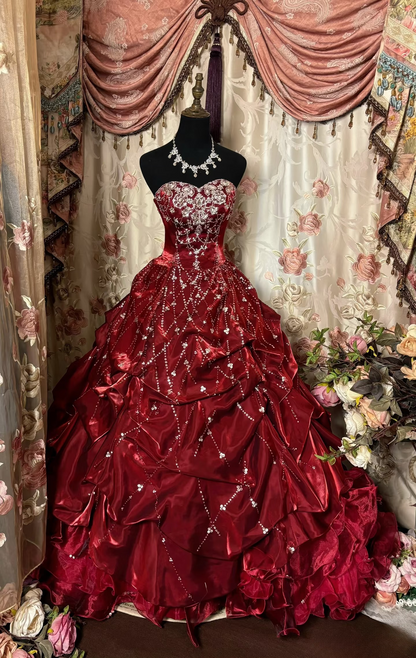 Retro Ball Gown Strapless Beads Burgundy Organza Long Prom Dresses 80s 70s Prom Gowns AU241