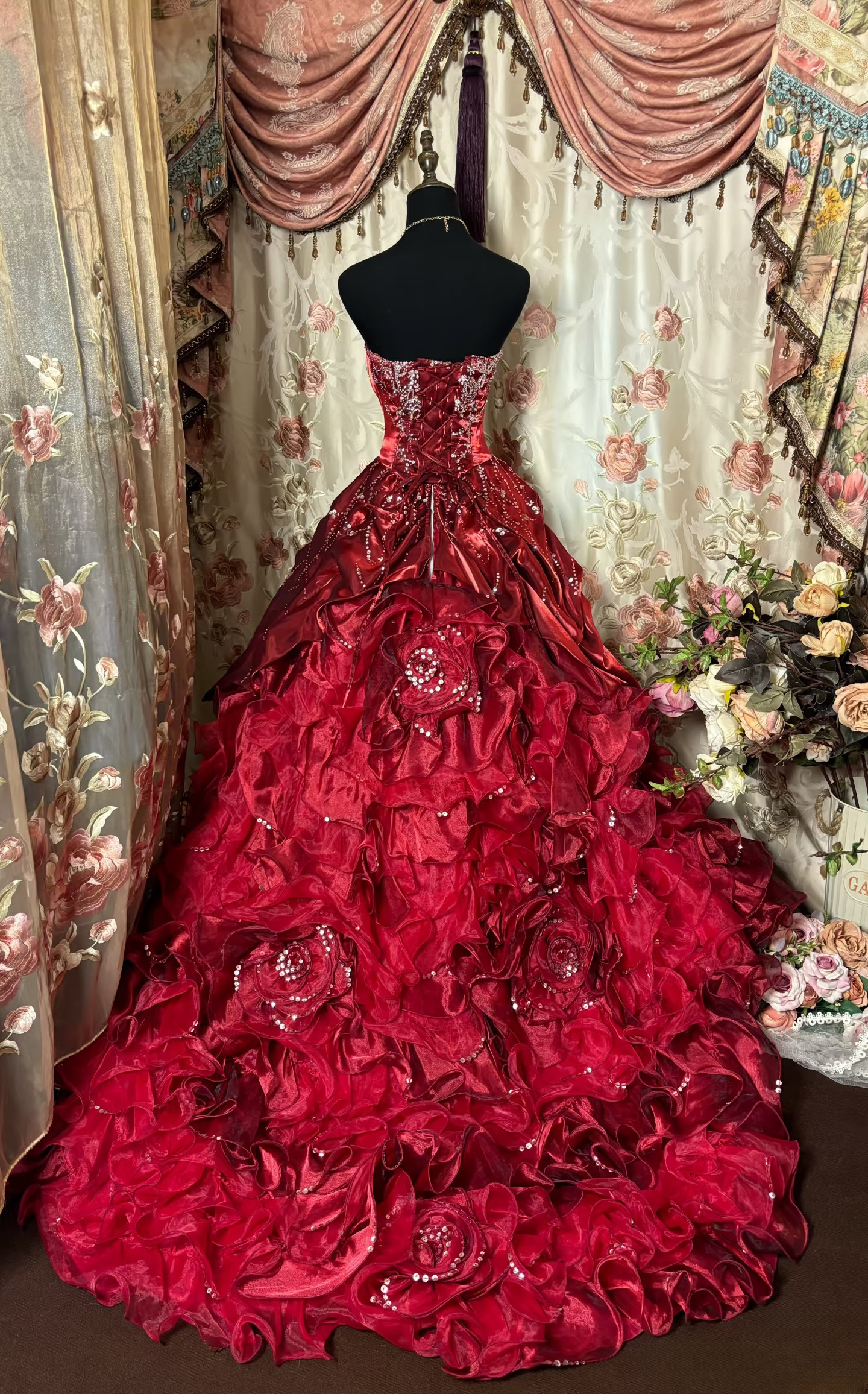 Retro Ball Gown Strapless Beads Burgundy Organza Long Prom Dresses 80s 70s Prom Gowns AU241