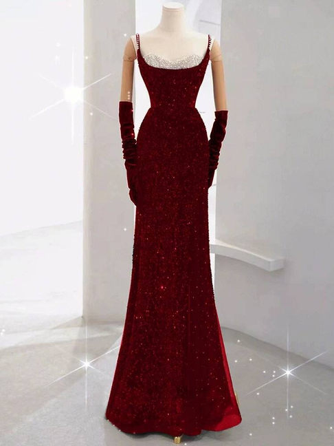 Modest Mermaid Spaghetti Straps Sequin Red Long Prom Dresses Party Dress 21st Birthday Outfits Graduation Dress AU243
