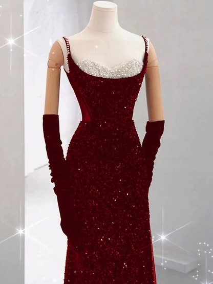 Modest Mermaid Spaghetti Straps Sequin Red Long Prom Dresses Party Dress 21st Birthday Outfits Graduation Dress AU243