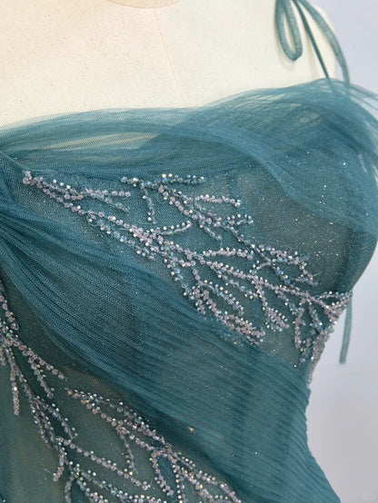 Sparkly A Line Spaghetti Strap Blue With Beading Tulle Prom Dresses Long Evening Party Formal Outfits RB6632