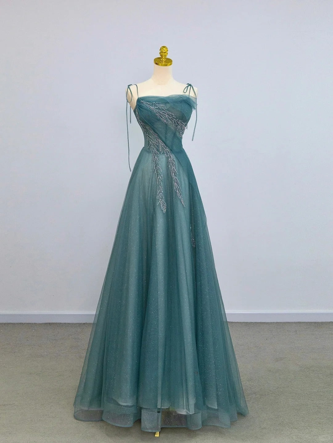 Sparkly A Line Spaghetti Strap Blue With Beading Tulle Prom Dresses Long Evening Party Formal Outfits RB6632