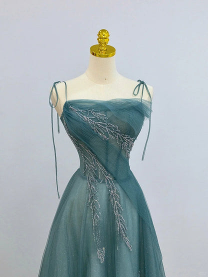 Sparkly A Line Spaghetti Strap Blue With Beading Tulle Prom Dresses Long Evening Party Formal Outfits RB6632