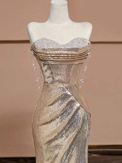Modest Mermaid Sweetheart Sequin Champagne Long Prom Dresses Party Dress 21st Birthday Outfits Graduation Dress AU245