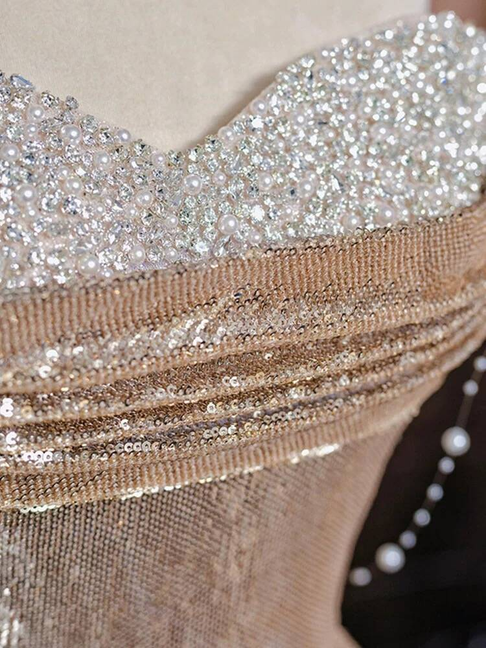 Modest Mermaid Sweetheart Sequin Champagne Long Prom Dresses Party Dress 21st Birthday Outfits Graduation Dress AU245