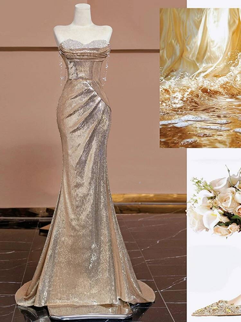 Modest Mermaid Sweetheart Sequin Champagne Long Prom Dresses Party Dress 21st Birthday Outfits Graduation Dress AU245