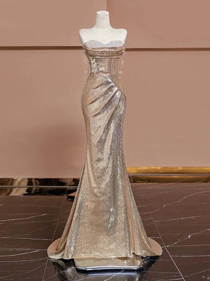 Modest Mermaid Sweetheart Sequin Champagne Long Prom Dresses Party Dress 21st Birthday Outfits Graduation Dress AU245