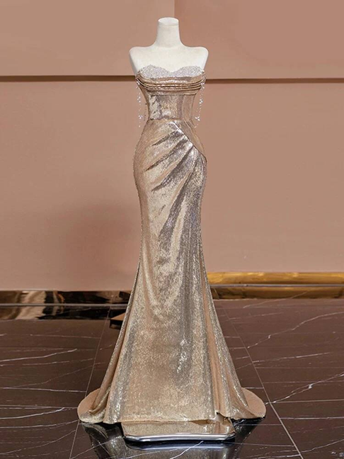 Modest Mermaid Sweetheart Sequin Champagne Long Prom Dresses Party Dress 21st Birthday Outfits Graduation Dress AU245